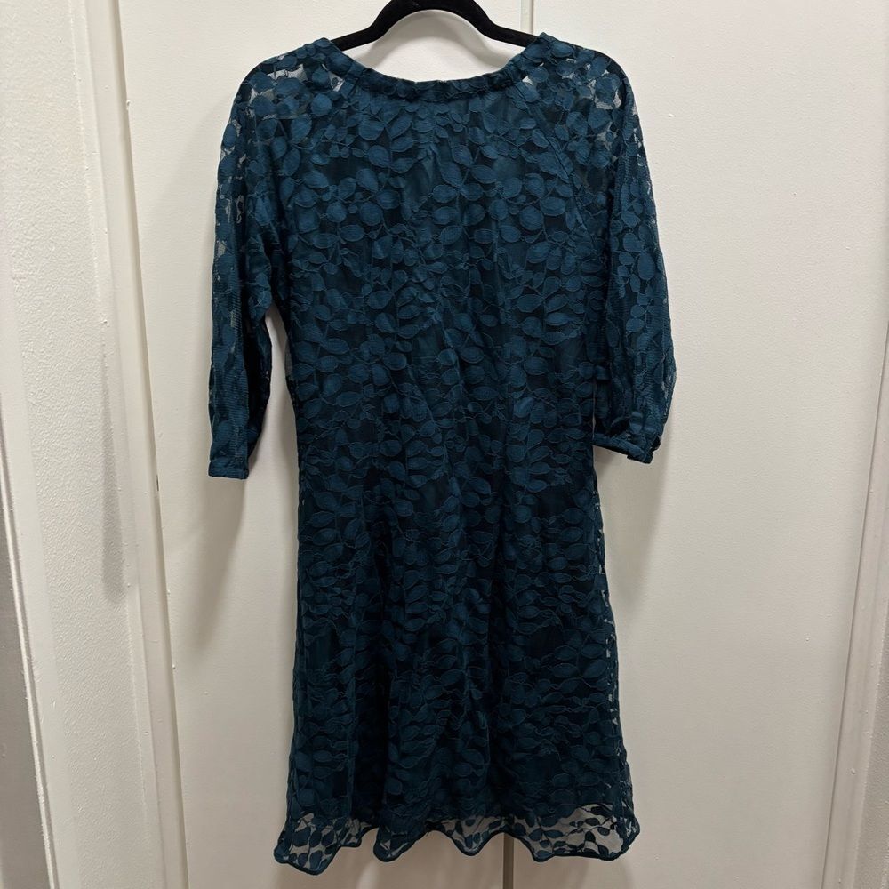 Garnet Hill Sz 10 Dark Teal Boheme Easy Lace Dress 3/4 Sleeve Tie Neck - Picture 2 of 8
